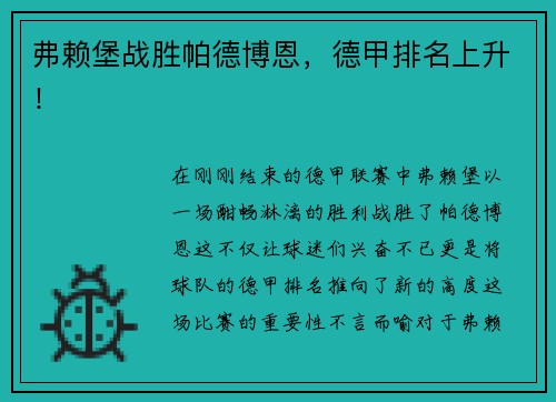 弗赖堡战胜帕德博恩，德甲排名上升！